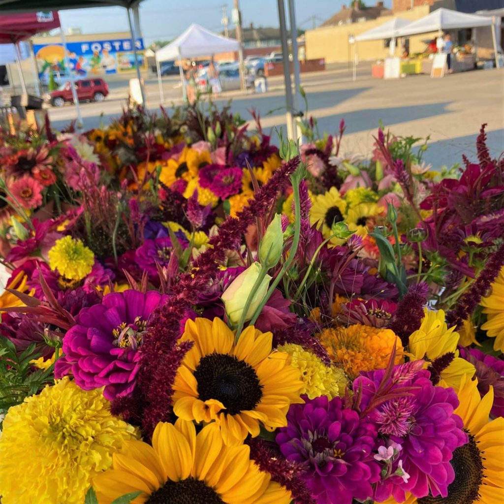 Array of flowers from Down the Road Farm on display at the Lancaster Farmer’s Market