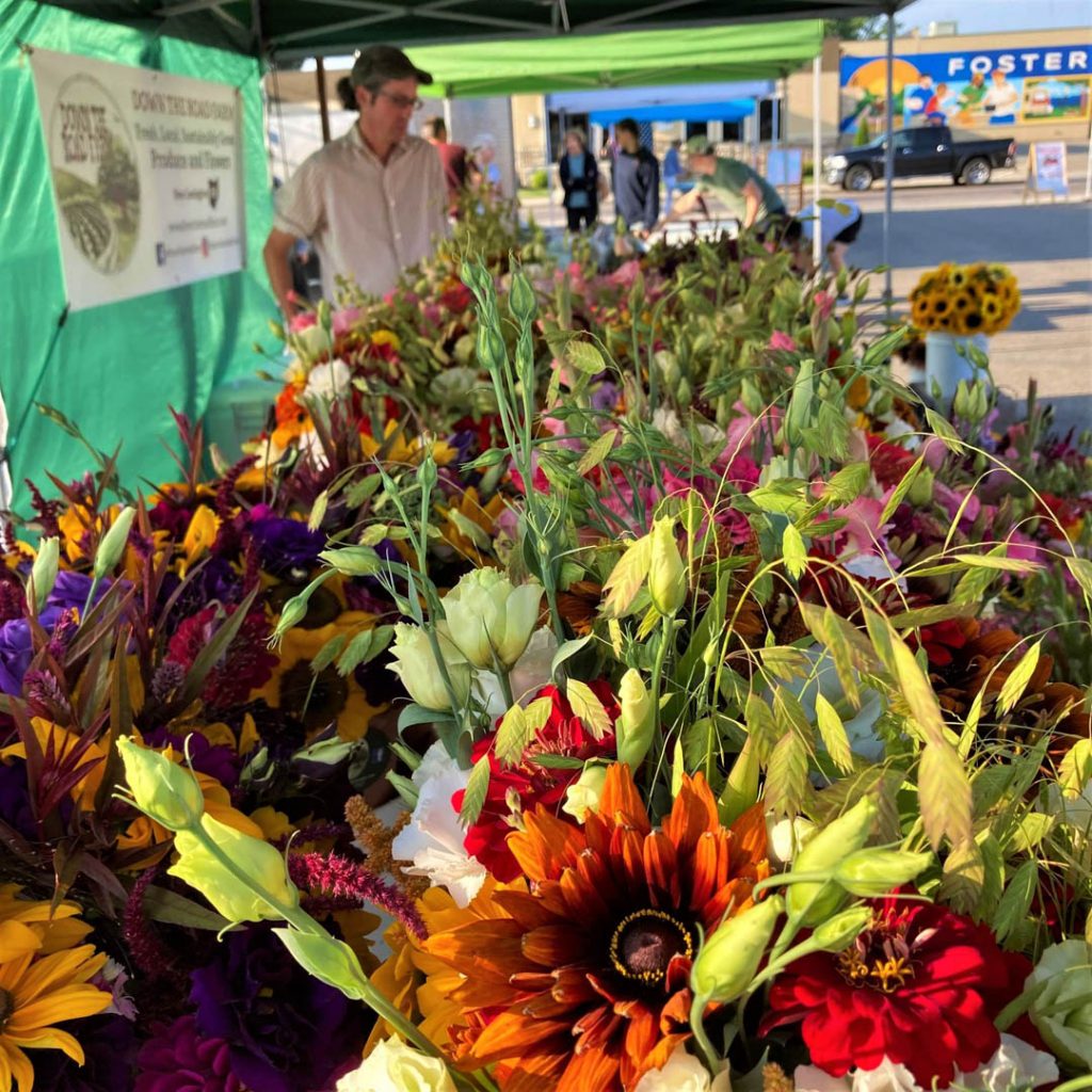 Array of floral bouquets by Down the Road Farm on display at the Lancaster Farmer’s Market