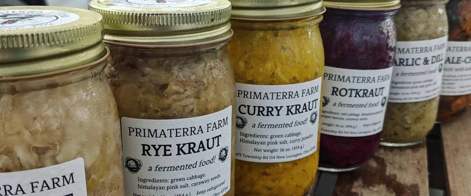 Jars of Primaterra Farm fermented products including krauts