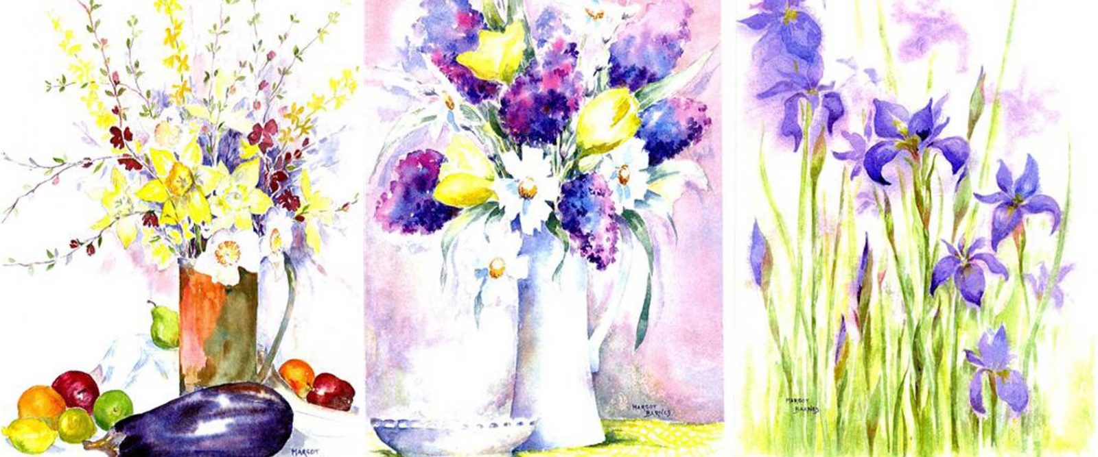 Triptych of three watercolor paintings by Margot Barnes