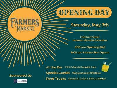 Lancaster Farmers Market Opening Day Poster with yellow sunburst on blue background