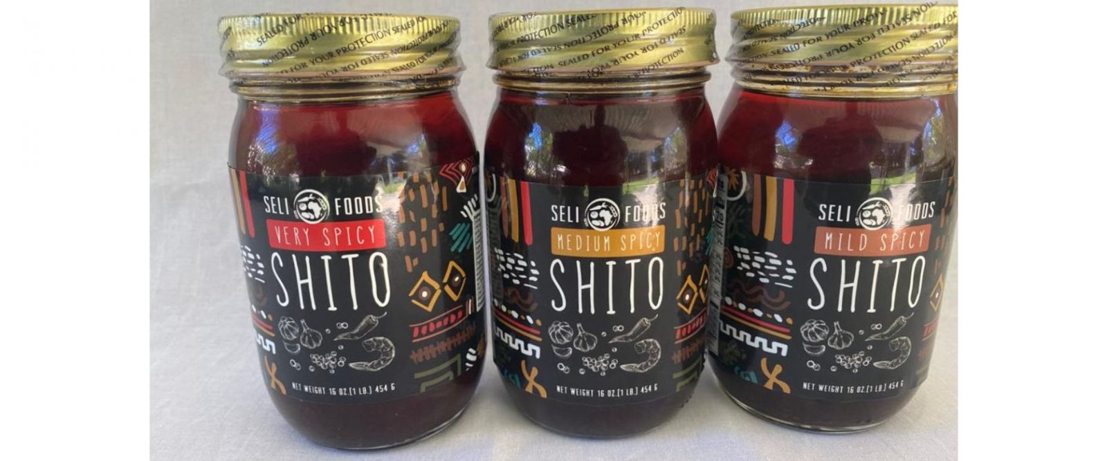 three jars of shito hot sauce from Seli Foods, Very Spicy, Medium Spicy and Mild Spicy