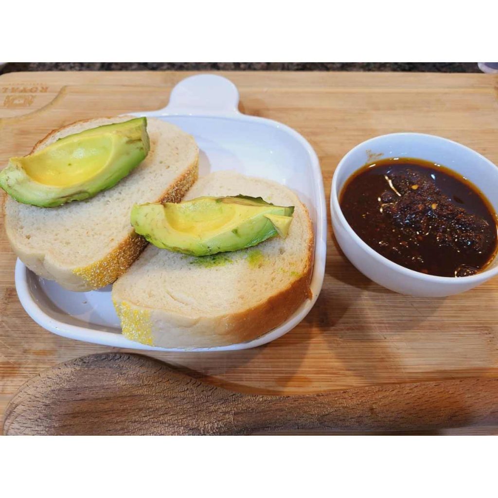 toast with avocado and shito hot sauce