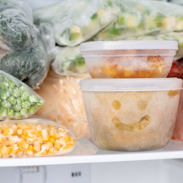 frozen veggies on a freezer shelf in plastic bags and plastic containers, with a smiley face drawn on the frost of one container