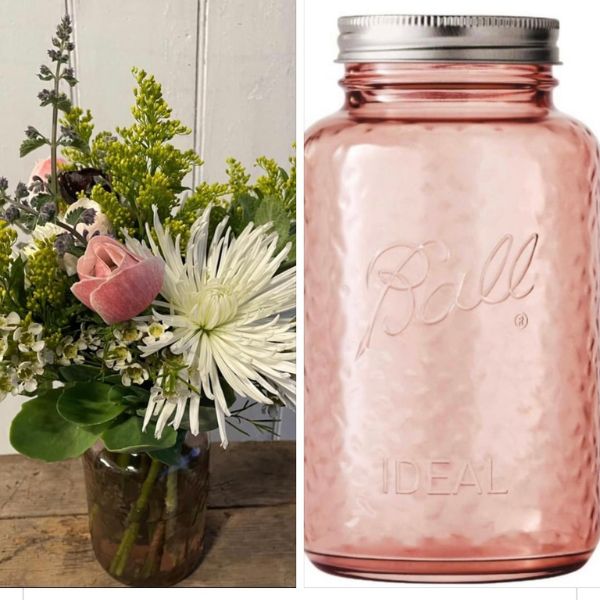 mixed flower bouquet on the left with a pink Ball canning jar on the right