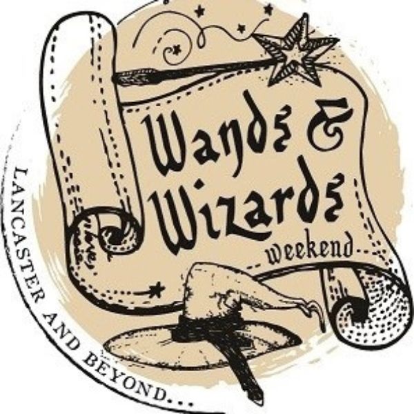 Wands & Wizards Weekend logo - script on a scroll with magic wand and witch's hat