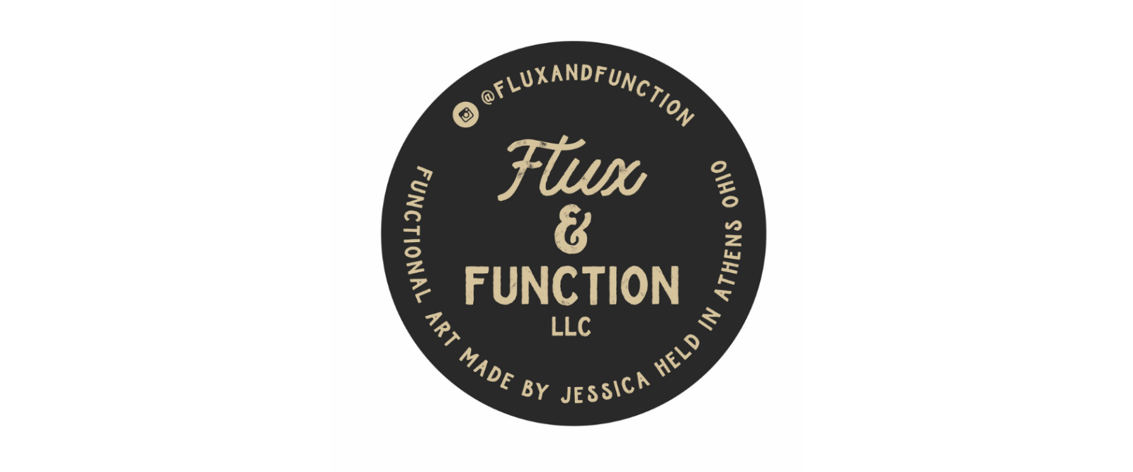 Flux and Function logo, gold letters in black circle