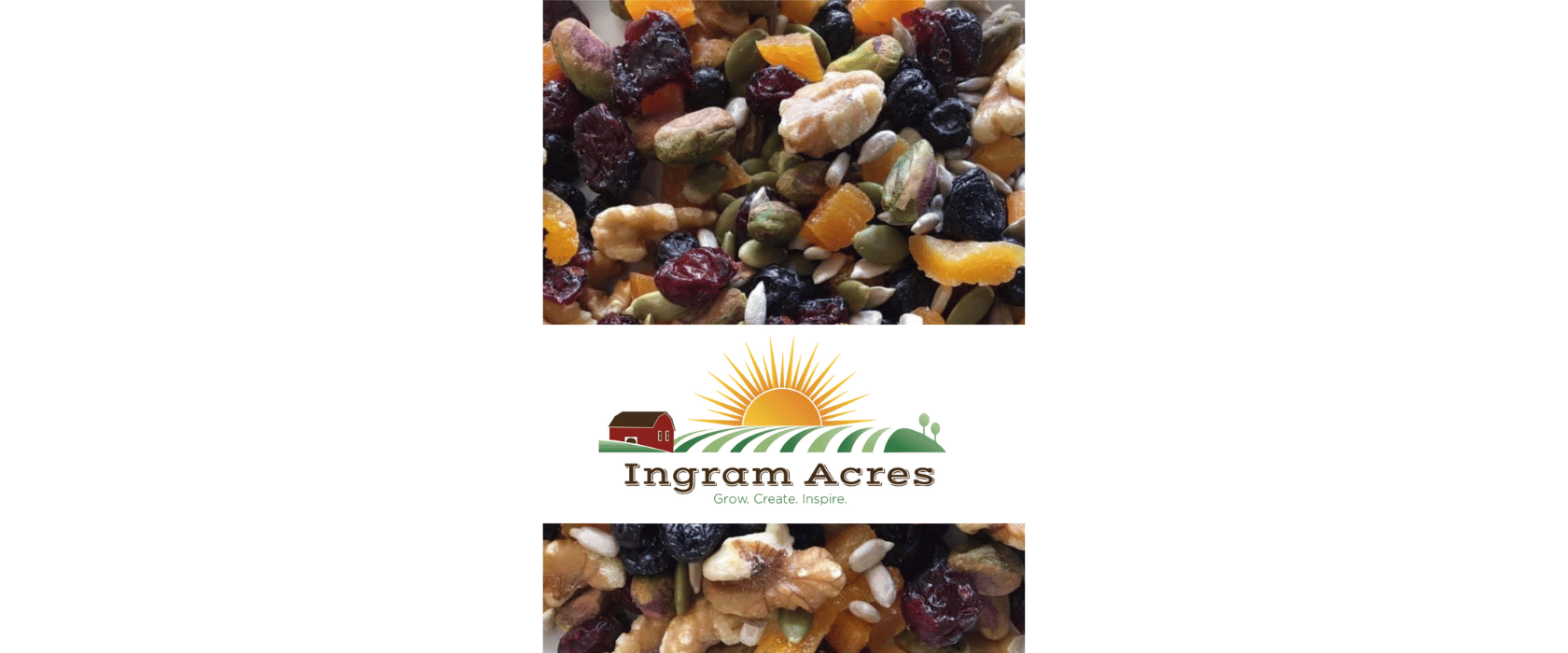 Ingram Acres logo on a background image of granola full of fruits and nuts