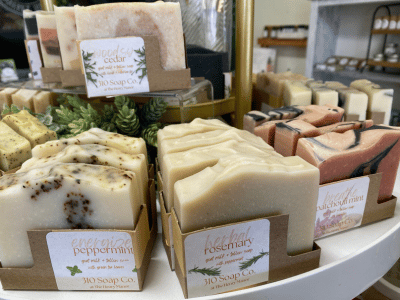 bars of natural soap set out on a white display