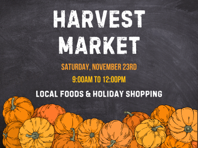 Harvest Market poster with chalkboard background and bottom border of orange pumpkin illustration