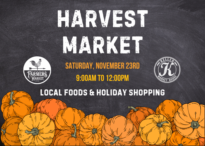 Harvest Market poster on chalkboard background with bottom border of orange pumpkin illustration