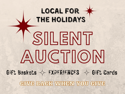 Silent Auction poster on weathered beige background with letterpress type fonts in red, black and gold with red stars