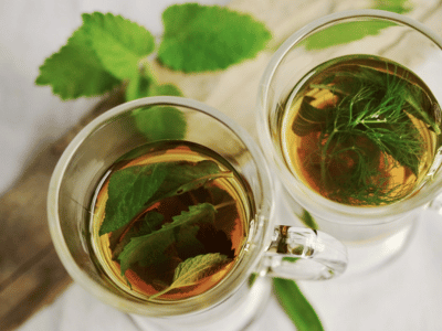 two glass tea cups filled with fresh herbs